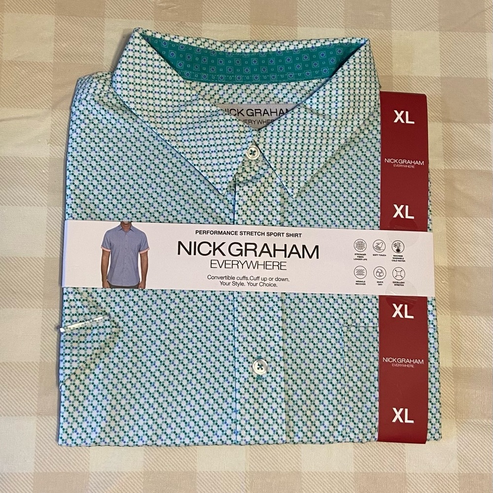 Green & Blue Casual Button Down Shirt with Standard Collar and Short Sleeves